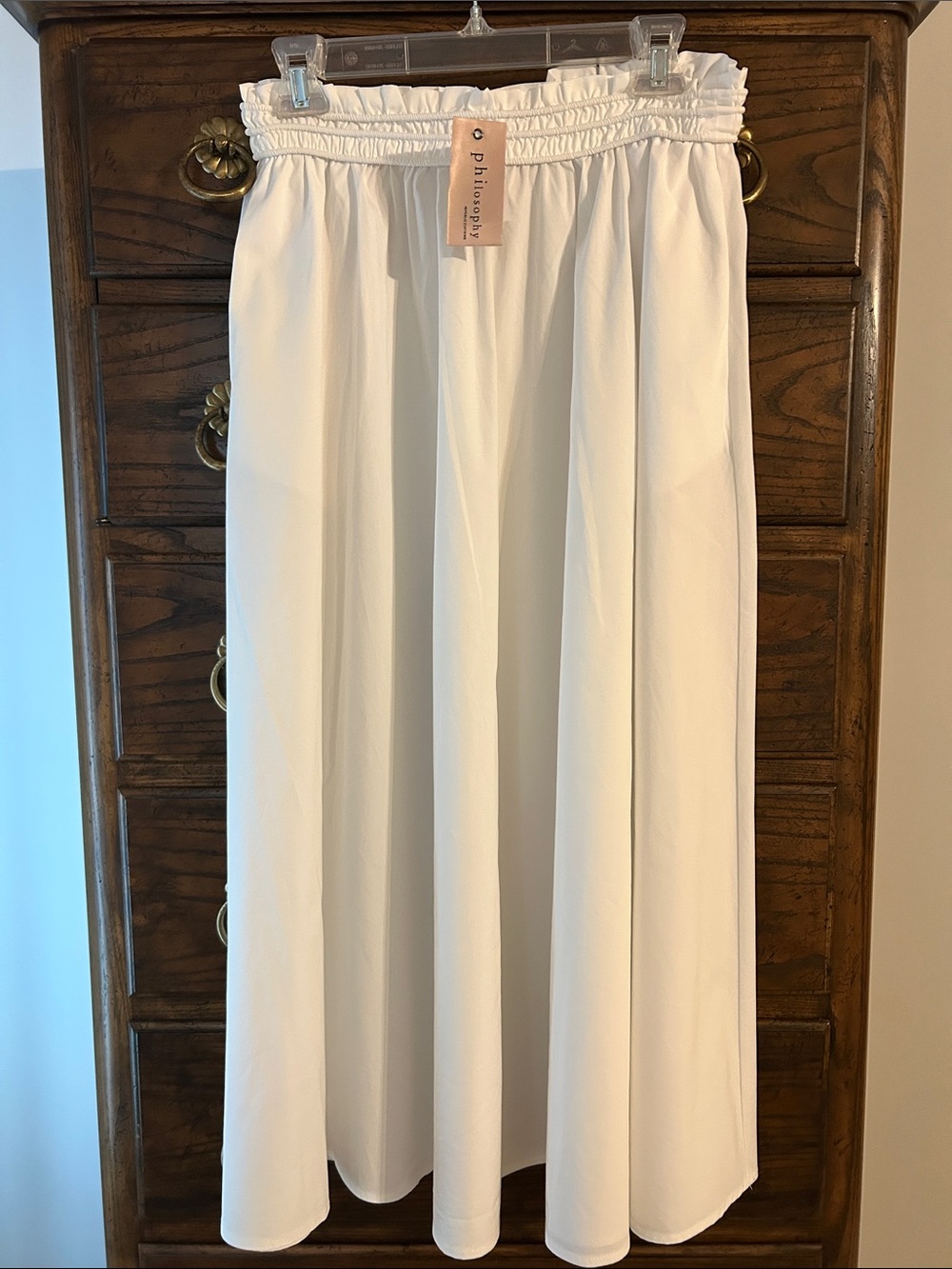 NWT Philosophy Elegant White Maxi Skirt with Ruffled Elastic Waist, Size M